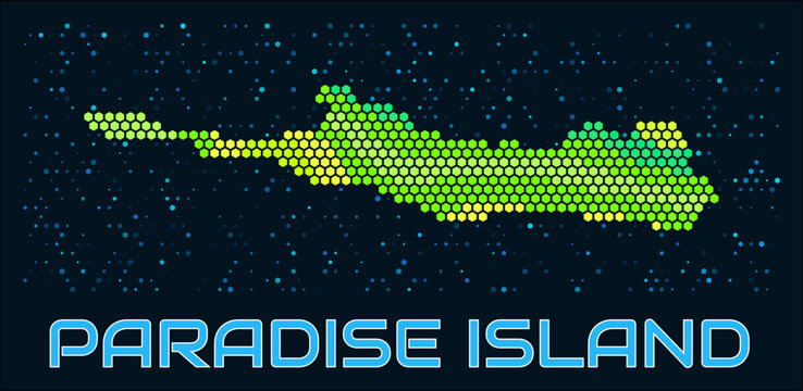 Paradise Island hexagon dots map. Digital style boundary shape. Paradise Island map and title. Tiny green colored hexagons, sparse blue dots at background. Vector Illustration.