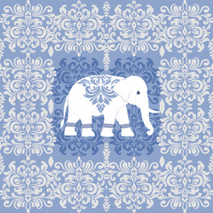 Naklejka premium Elegant seamless blue damask pattern with decorative elephants and ornate floral motifs. Perfect for wallpaper, textiles, packaging, and sophisticated surface design projects.