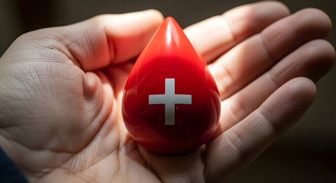 Bloodied hand holding a red medical cross symbol illustration, Swiss emergency aid health concept featuring World Red Cross Day.