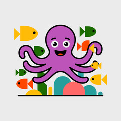 Fototapeta premium A friendly purple octopus swims amidst colorful geometric fish and coral in a vibrant, digitally created underwater scene, showcasing marine life and abstract shapes.