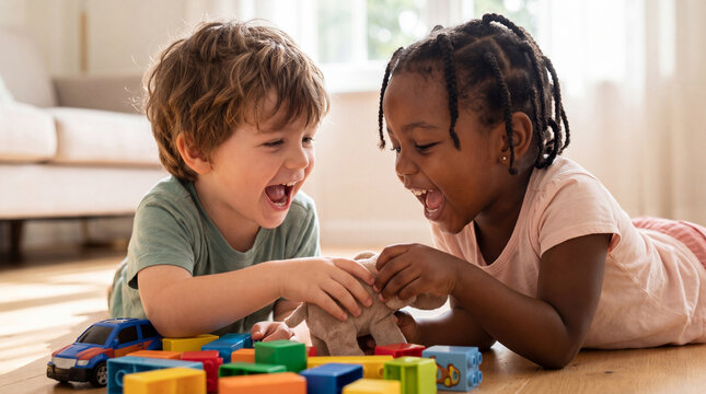 Peaceful Coexistence Day children sharing toys friendship diversity joyful toddlers laughing cooperation promotional marketing content