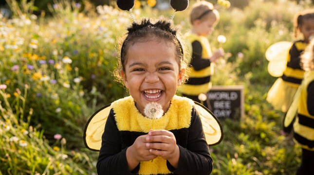 World Bee Day child bee costume dandelion laughing nature celebration poster greeting card banner design marketing campaign educational awareness