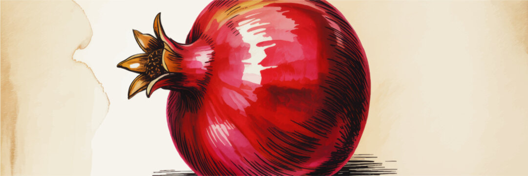 Hand Drawn Pomegranate Illustration with Vintage Engraving Style, Glossy Red Fruit Artwork on Soft Beige Background