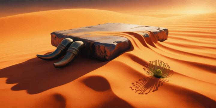 Surreal desert landscape with horned stone artifact, flowing sand dunes, dramatic sunlight, and lone desert flower illustration