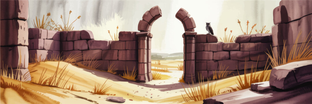 Fantasy desert ruins with ancient stone archway and owl, hand painted game background landscape in warm sandy tones