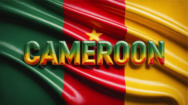 Cameroon flag with glossy fabric waves and bold 3D text, vibrant national colors, patriotic country banner background illustration