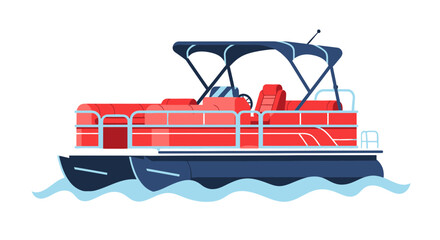 Red Pontoon Boat on Water, Recreational Watercraft with Canopy, Summer Leisure Activity © Didit