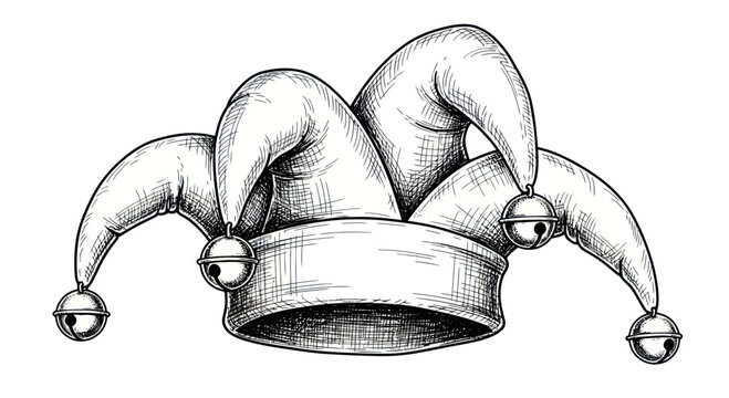 Jester Hat Drawing with Bells, Medieval Fool Costume Accessory