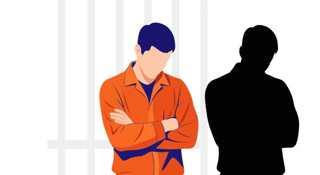 Man in Orange Jumpsuit Behind Bars with Shadow, Sadness, Isolation
