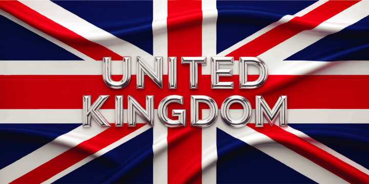 United Kingdom text on waving Union Jack flag background, patriotic British national banner illustration with bold metallic lettering