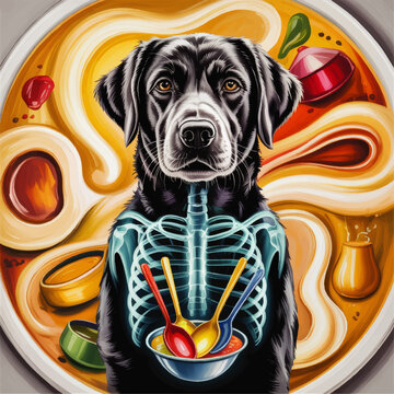 Black Labrador anatomy illustration with digestive system, soup bowl, colorful spoons and swirling culinary background