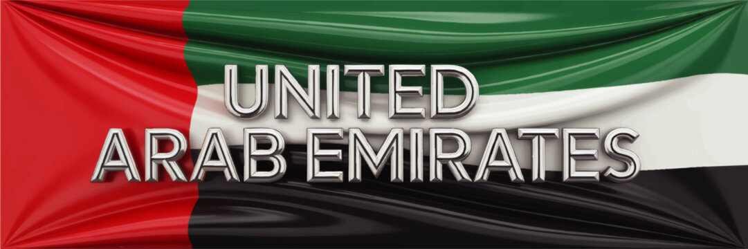 United Arab Emirates Flag Background with Metallic Text, Waving UAE National Banner in Red Green White and Black