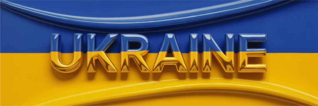 Glossy 3D Ukraine Text on Blue and Yellow Flag Background, Patriotic Support Symbol, National Identity Banner Design