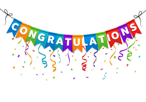Colorful congratulations banner with ribbons and confetti on white background