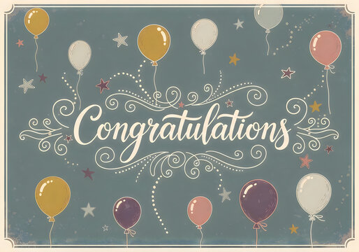 Congratulations message with colorful balloons and stars on vintage background