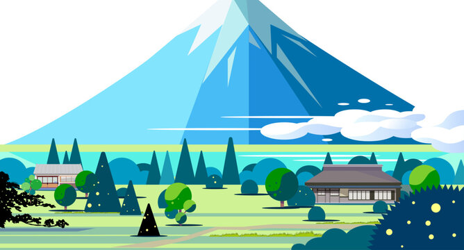 富士山と日本の原風景のベクターイラスト 背景素材（レイヤー整理済・コピースペースあり）