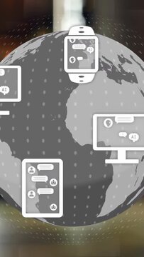 Vertical video: Fade-in starting globe spinning right, devices fading, pinning, showing network