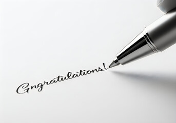 Fototapeta premium Silver pen writing congratulations on white paper surface
