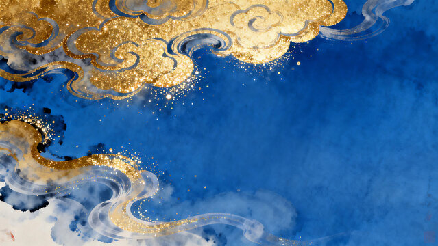 Blue background golden auspicious clouds ink wash Chinese style illustration