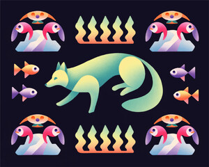 Naklejka premium Dreamlike Arctic Fox with Fish and Birds Seamless Pattern, Colorful Nordic Folk Art Illustration on Dark Background