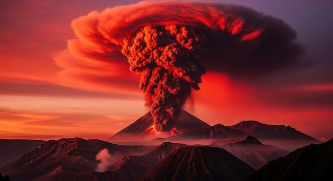 A volcanic eruption spews molten lava and ash into a dramatic twilight sky with a silhouette of mountains.