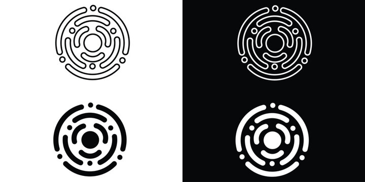 Minimalist vector logo featuring abstract concentric circular lines and dots, representing digital connectivity, data networking, and modern tech.