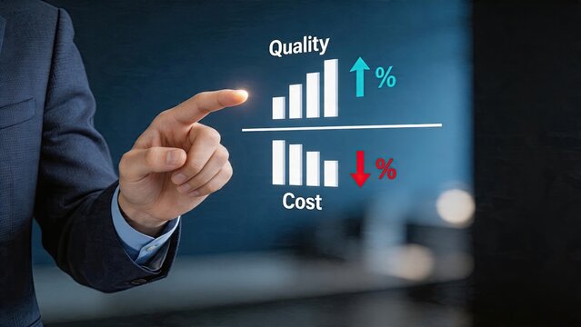 Businessman selecting digital interface showing rising quality percentage chart and decreasing cost percentage bar graph managing financial optimization process for company growth