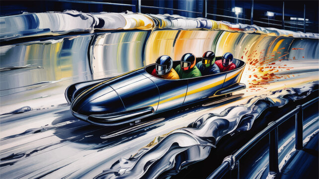 Dynamic Winter Bobsled Race Illustration with Four Helmeted Riders Speeding Through Icy Track at Night