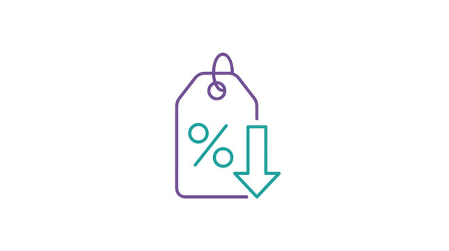 Vector price tag icon with percentage symbol and down arrow representing discounts, promotions, and commercial offers.