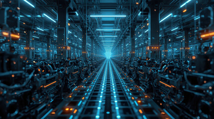 Fototapeta premium Futuristic industrial corridor with glowing blue lights and robotic machinery, atmospheric