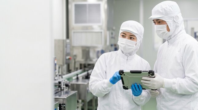 日本人で半導体工場の40代男性と20代女性が生産ラインの前でタブレットを用いて点検を行う様子。クリーンルームでの若手育成とDX化による品質管理の製造現場。