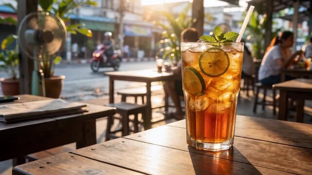 Thai iced tea with lime lemon signature local beverage on wooden background