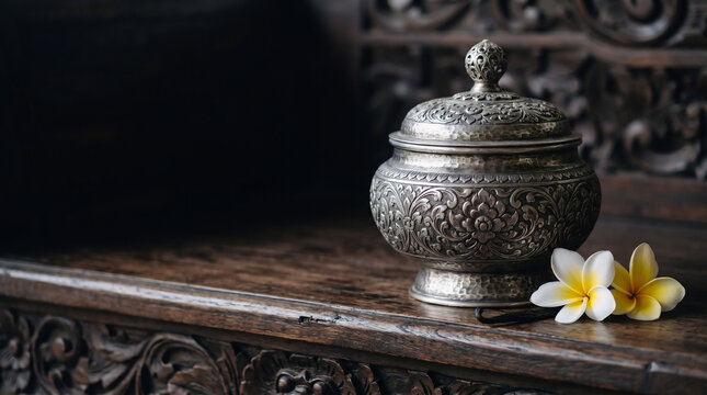 Luxury Traditional Balinese Hindu Ornate Silver Jar with Frangipani Flowers on Carved Wood