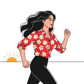 Woman jogging at sunrise, healthy lifestyle, flat illustration