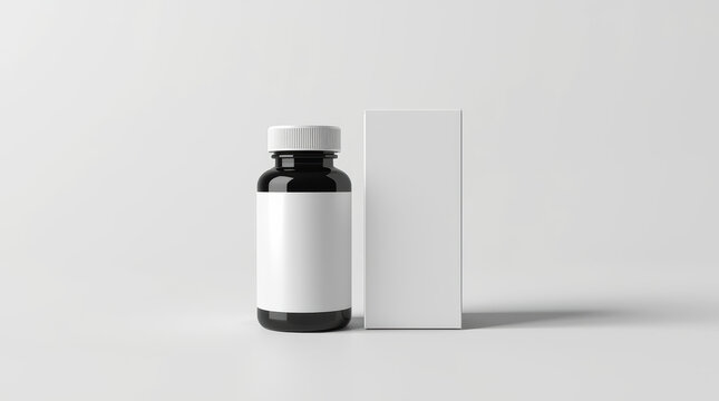 Blank medicine bottle and matching box neutral background conveying clean pharmaceutical