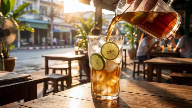 Thai iced tea with lime lemon signature local beverage on wooden background