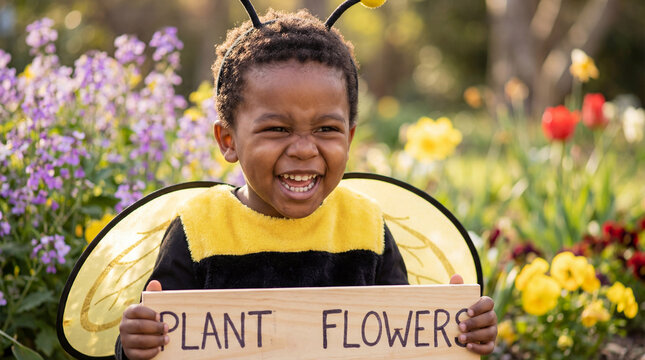 World Bee Day child bee costume plant flowers sign laughing nature celebration greeting card poster banner social media design marketing campaign