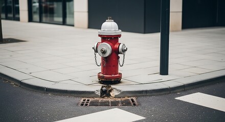 Fototapeta premium Vibrant Red and White Fire Hydrant on Modern City Street Corner with Sidewalk and Storm Drain