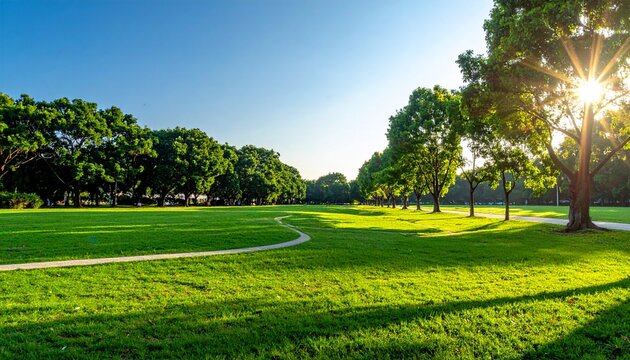 A serene park scene with vibrant green grass, tall trees, and a bright sunny sky, featuring a winding path and long shadows.