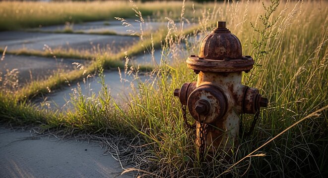 Weathered and Rusty Fire Hydrant Overgrown by Wild Grasses, Illuminated by Golden Hour Sunlight on a Neglected Pavement