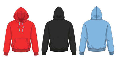 Three Hoodies: Red, Black, and Blue, Front View, Isolated on White © din