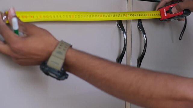 Professional handyman or carpenter measuring furniture for renovation or repair work