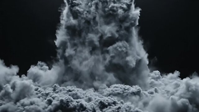 Dramatic falling smoke plume crashing on black background