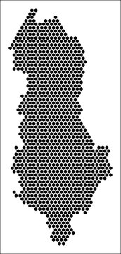 Albania hexagon map. Plain black and white dotted shape template. Country tiny hexagon cells. Albania flat honeycomb template. Vector Illustration.
