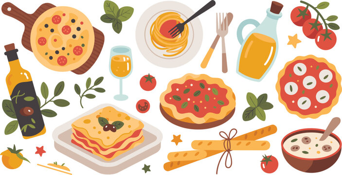 Italian cuisine vector illustration set, pizza pasta lasagna bread olive oil dishes, traditional food collection, colorful restaurant menu design