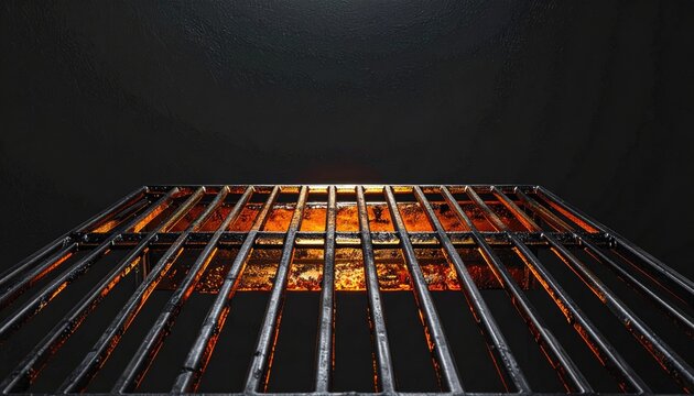 Close up of a barbecue grill with a vibrant orange glow against a dark backdrop