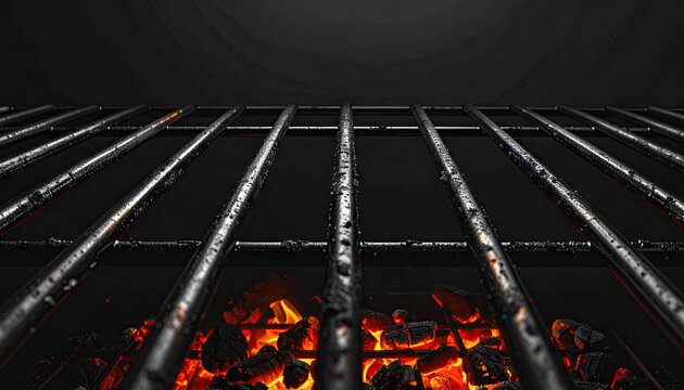 Close up of a grill with glowing coals ready for cooking over a heat source