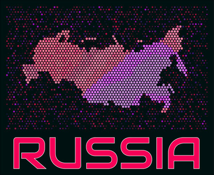 Russia digital style hexagon map. Vibrant magenta purple pink neon dotted shape. Country tiny bright hexagon cells. Russia honeycomb map design. Amazing Vector Illustration.
