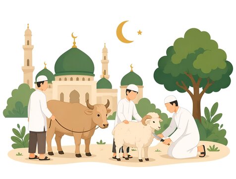 This illustration shows three Muslim men wearing white shirts and peci (traditional Islamic caps) preparing sacrificial animals in the courtyard of a mosque.