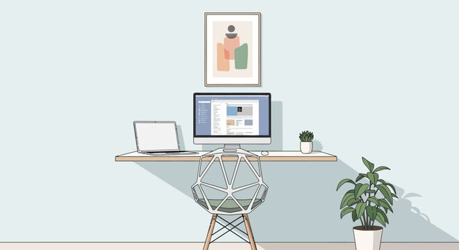 Minimalist home office setup with laptop and desktop computer on floating desk.